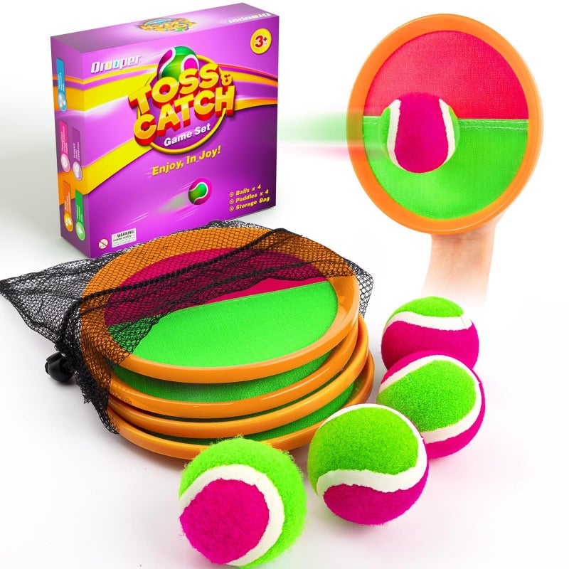 Qrooper Kids Outdoor Toys - Toss and Catch Game Set, Outside Yard Camping Beach Pool Toys Games for Boys Girls 3 4 5 6 7 8 9 10 Year Old, 4 Paddles 4 Balls (Orange+Orange) - Image 1